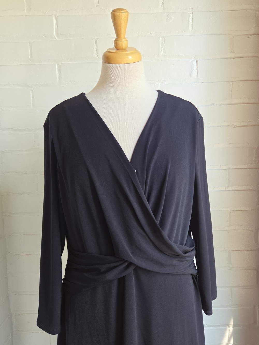 Brooks Brothers Faux Wrap Dress Navy Blue Midi 3/4 Stretch Sleeve Size XL NWT